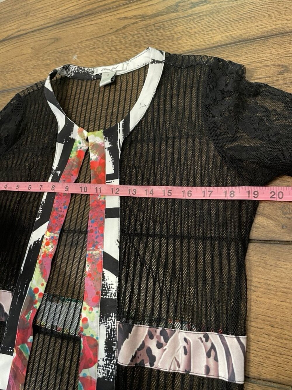 Mona Leah Couture Sheer Lace Top Colorful Artsy Pockets Lacy Sweater Unique, M - Picture 7 of 8